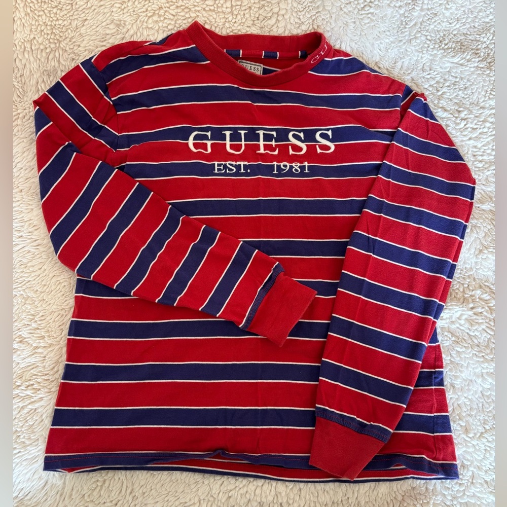 Guess Mens Embroidered Logo with Striped Red and Blue Long Sleeve Shirt